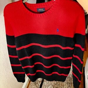 Like New. Boys Polo sweater size 12. Warm, comfortable, color red/blue.